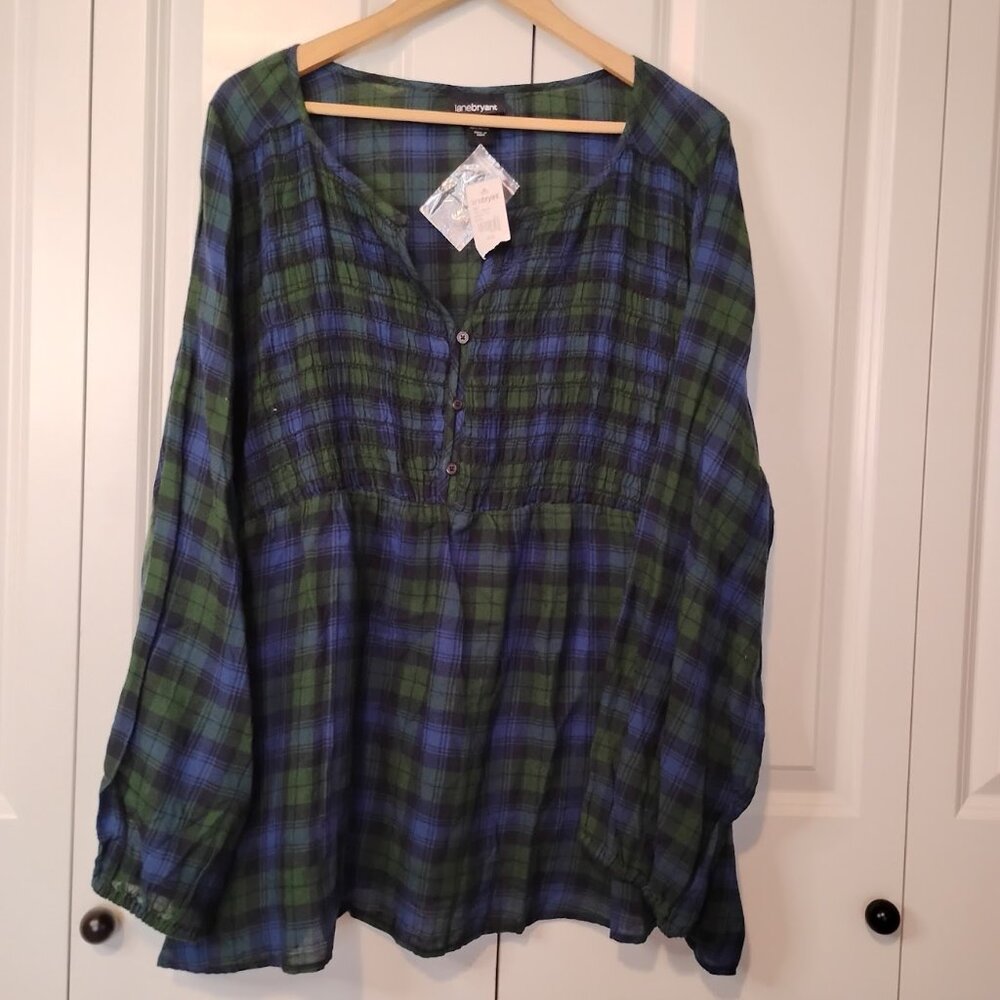 LaneBryant Women's Forest Green Blue Plaid Long Sleeve Basic Blouse Size 26/28